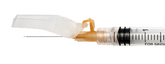 A close-up of an MHC EasyTouch® Fluringe® Safety Needle 25G x 1" (1 box of 50 needles) with a transparent cap partially removed, exposing the needle and part of the marked barrel, ensures comfortable injection and provides caregiver protection.